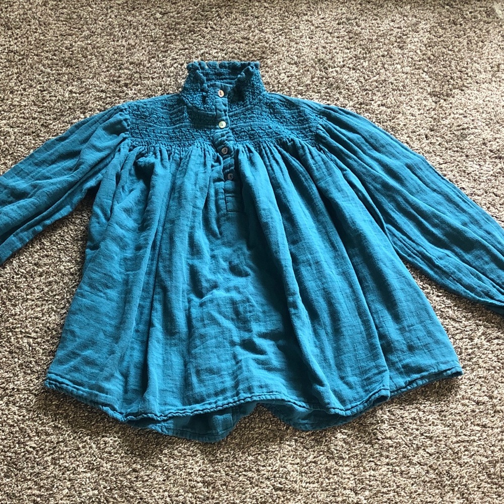 Teal Smocked Cotton Muslin Long Sleeve Blouse